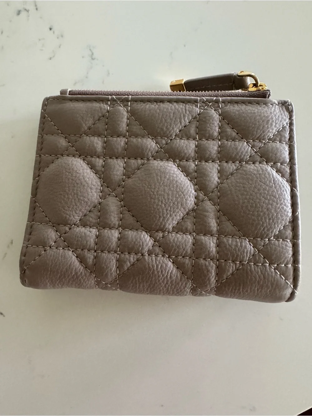 Dior Quilted Wallet in Metallic Taupe with Gold Hardware